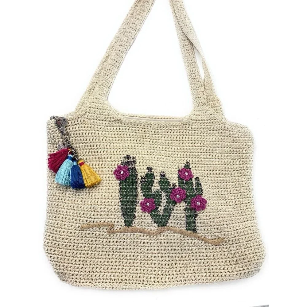 The Sac Ecru Crochet Cactus Flower Hobo Shoulder Bag Tassel Bag Charm Purse - Picture 7 of 8
